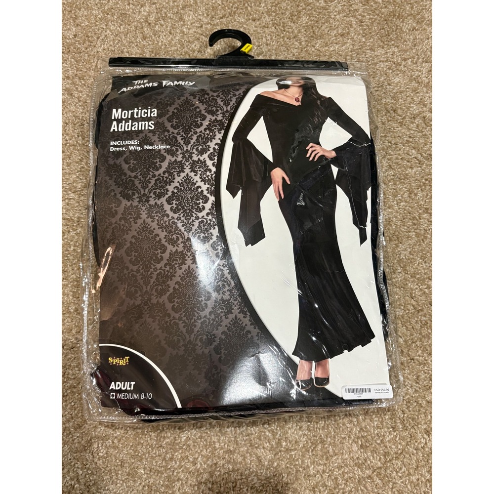Spirit Halloween Costume Women Medium Black Morticia Addams Dress Necklace Set